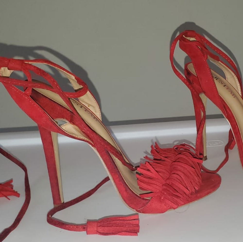 Red open toe tie up heels
